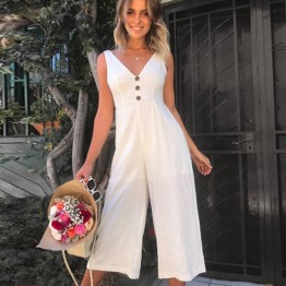 Women Elegant Loose Jumpsuits Buttons V-Neck Back Bow Wide Leg Rompers Ladies Summer Casual Outwear Playsuits Cotton Linen