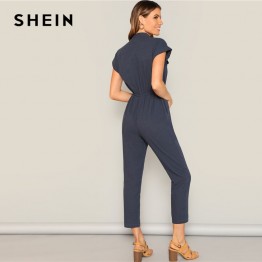 SHEIN Navy Waist Drawstring Button and Pocket Front Solid Cap Sleeve Jumpsuit Women Summer Casual Highstreet Workwear Jumpsuits