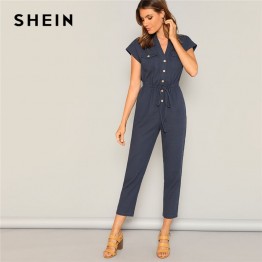 SHEIN Navy Waist Drawstring Button and Pocket Front Solid Cap Sleeve Jumpsuit Women Summer Casual Highstreet Workwear Jumpsuits