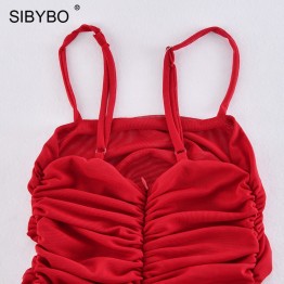 Sibybo Mesh Transparent Split Sexy Long Dress Party Spaghetti Strap Sleeveless Maxi Dress Summer Backless Bodycon Dress Women