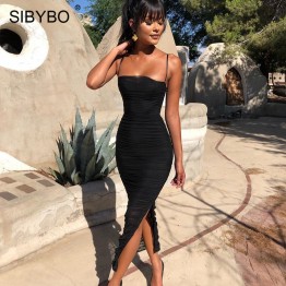 Sibybo Mesh Transparent Split Sexy Long Dress Party Spaghetti Strap Sleeveless Maxi Dress Summer Backless Bodycon Dress Women