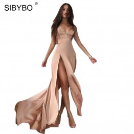 Sibybo Open Split Sexy Long Dress Summer V-Neck Spaghetti Strap Empire Party Dresses Long Sleeveless Elegant Dresses for Women