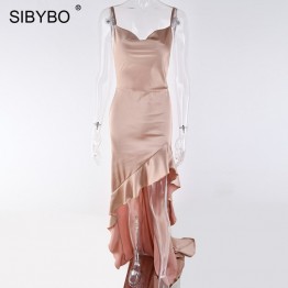Sibybo Ruffles Split Backless Sexy Long Dress Autumn Spaghetti Strap Irregular Casual Bodycon Dress Elegant Party Dress Women