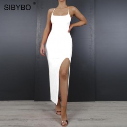 Sibybo Side Split Back Cross Sexy Dress Women Halter Sleeveless Bandage Summer Long Dress Beach Backless Club Party Dress
