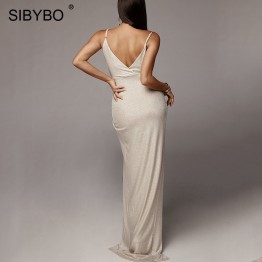 Sibybo Sparkly Split Loose Summer Long Dress Women Spaghetti Strap Sleeveless Sexy Maxi Dress Backless Beach Party Dress Long 