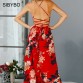 Red Floral Printed Spaghetti Straps Backless Sexy Chiffon Maxi Dress