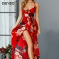 Red Floral Printed Spaghetti Straps Backless Sexy Chiffon Maxi Dress