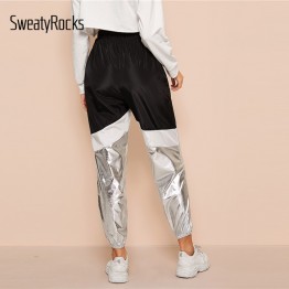 SweatyRocks  Women Activewear Sweatpants - Contrast Metallic Pants Elastic Waist 