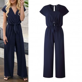 Work Office Women Jumpsuit Fashion Loose Long Solid Playsuit Sexy Overall Lace Up Sashes Jumpsuit Summer Backless Rompers