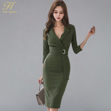 H Han Queen Women Sexy Waist Sheath dresses with V-neck and  3/4 Sleeve 