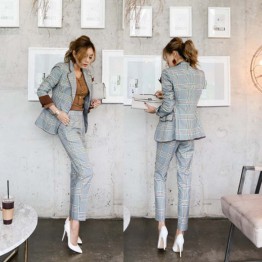 Women Double-breasted Blazer Suits Office Lady Sets lattice Two-piece Work Set Long Sleeve  Suit Jacket & Straight Pant Outfits 