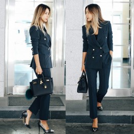 Women's Work Pant Suits OL 2 Piece Sets Double Breasted Striped Blazer Jacket & Zipper Trousers Suit For Women Outfits Feminino