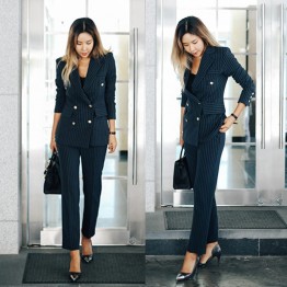 Women's Work Pant Suits OL 2 Piece Sets Double Breasted Striped Blazer Jacket & Zipper Trousers Suit For Women Outfits Feminino