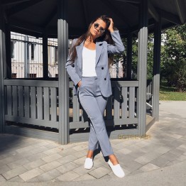 Work Pant Suits OL 2 Piece Sets Double Breasted Striped Blazer Jacket & Zipper Trousers Suit For Women Set Feminino Spring
