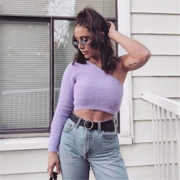 Sexy One Shoulder Tops For Women White Asymmetrical T Shirt Women Purple Womens Tshirts Casual  Crop Top